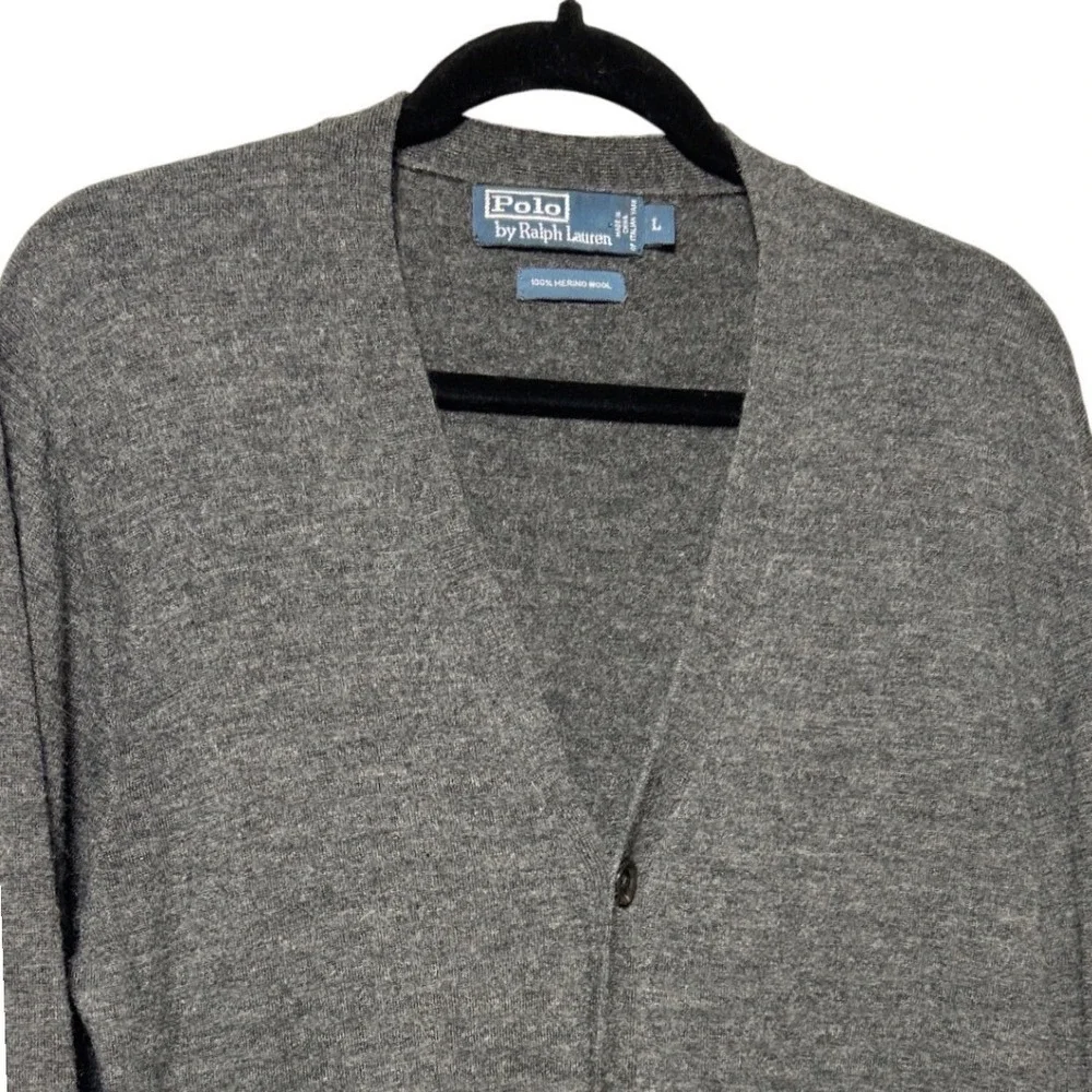 Polo Ralph Lauren Mens Merino Wool Cardigan‎ Sweater Gray V-Neck Button Front L